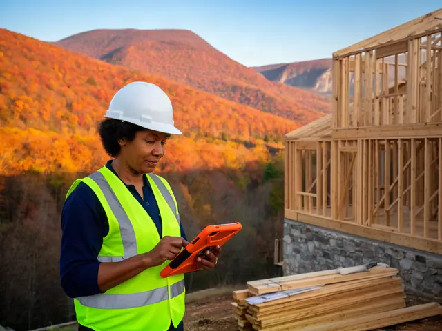 A builder in a white hard hat checks an orange tablet beside a new frame on a wooded autumn slope.