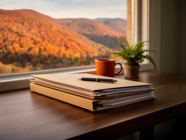 Closed kraft folders with a pen on a desk by a window onto ridges in full autumn color.