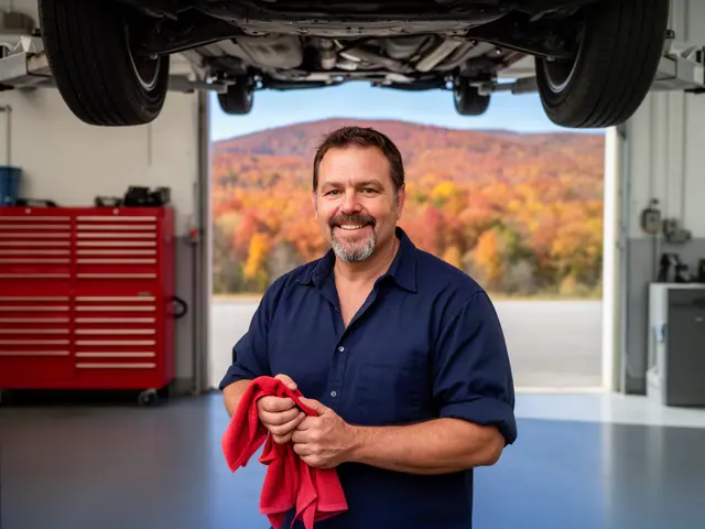 A smiling mechanic with a red rag beneath a car on a lift, autumn ridges through the bay door.