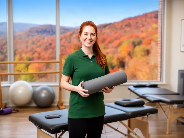 A smiling physical therapist holding a gray foam roller in a bright clinic.