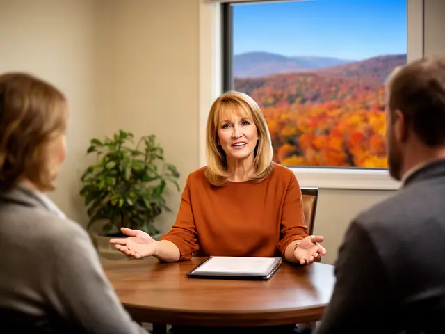 An insurance agent explains coverage to a client couple across a round table.