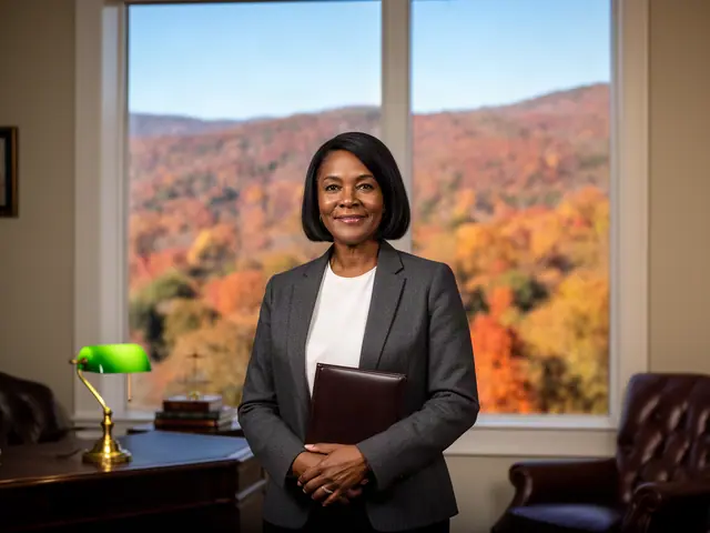 A smiling attorney holding a leather portfolio in her office with autumn ridges outside.