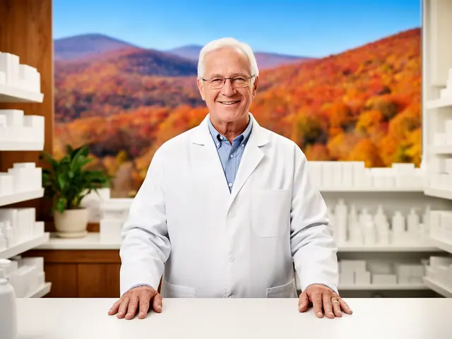A smiling pharmacist in a white coat behind his counter with plain white shelves.